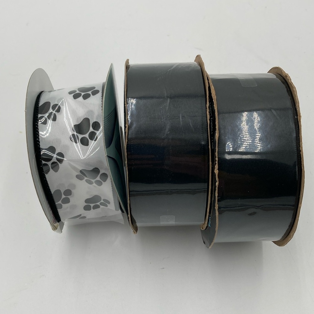 Ribbon Bundle - 1 Black / White Paw print and 2 black satin